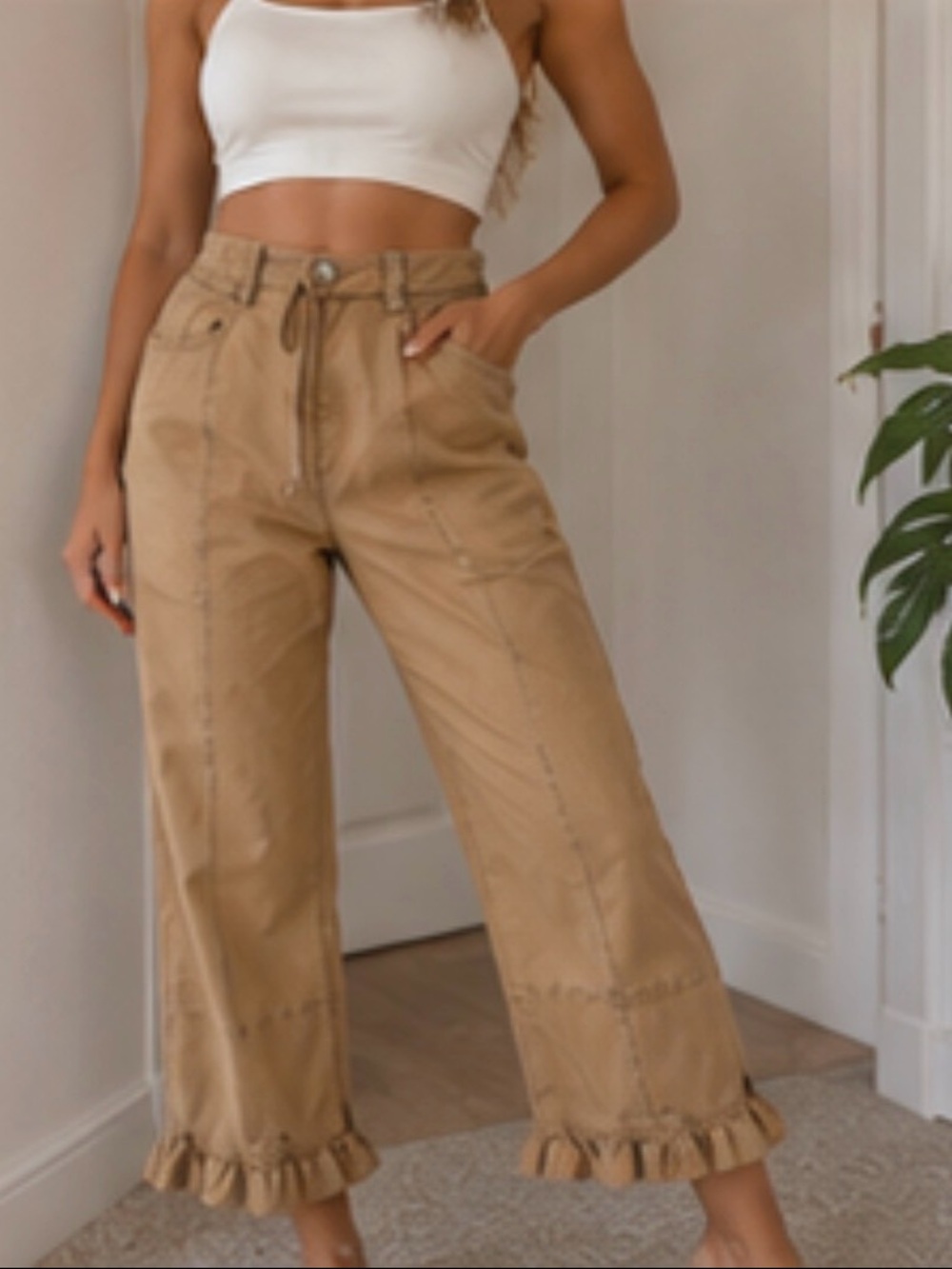 Ruffle-Hem Wide Leg Pants jeans in Camel women’s small stretchy soft wide leg